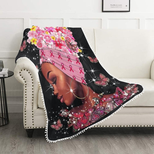 Breast Cancer Awareness Pom Pom Fringe Blanket 50x60