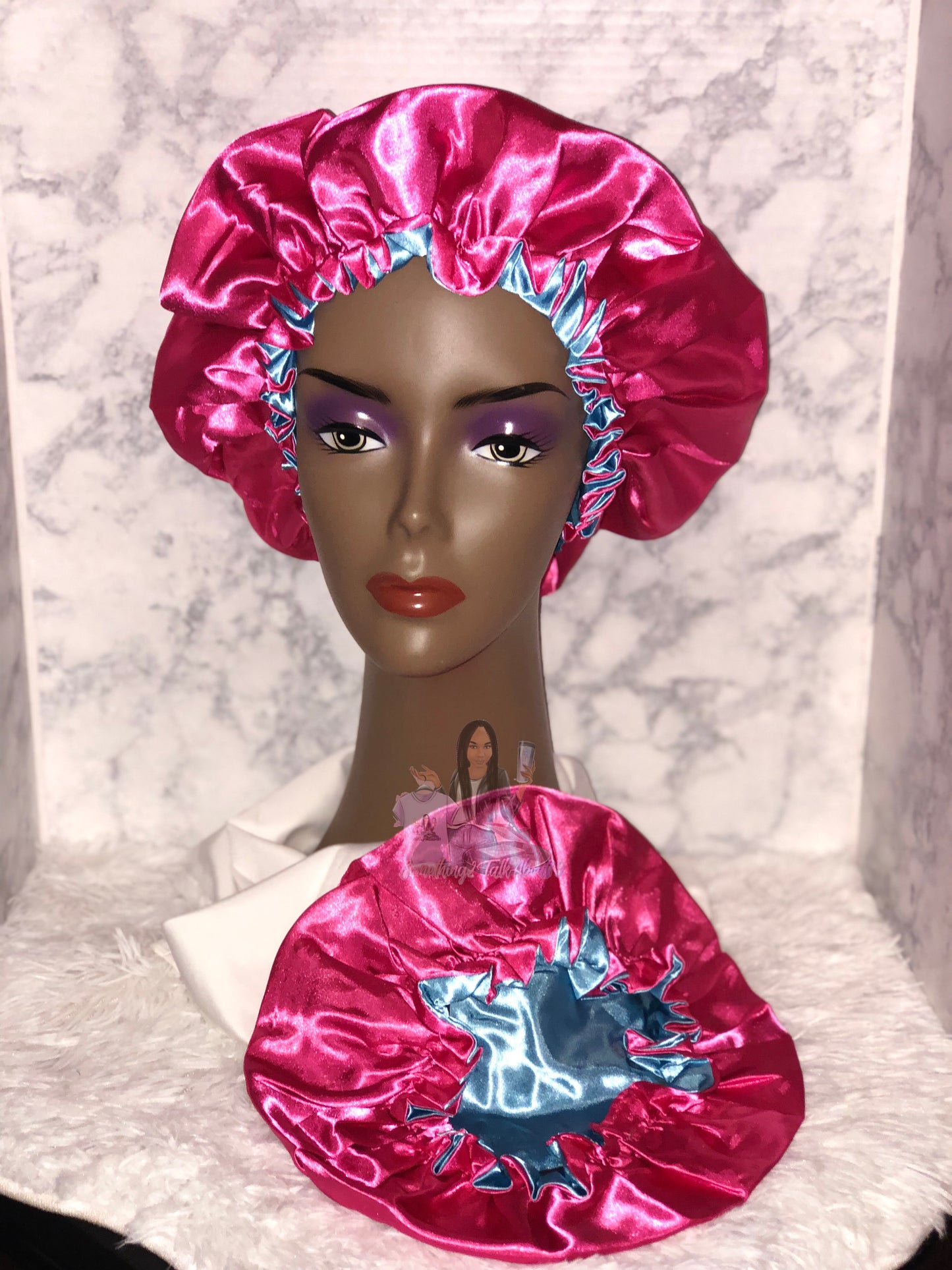 Hot Pink and Baby Blue Double Layered Bonnet Set